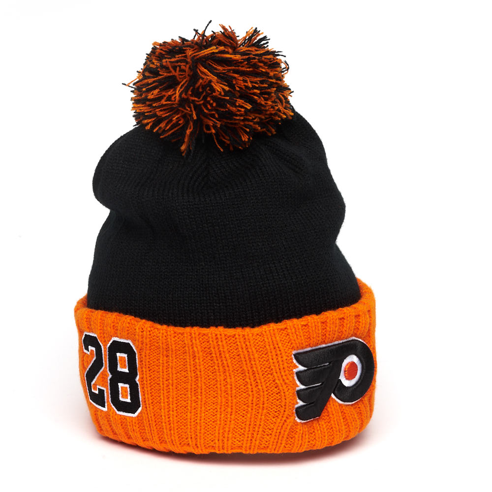 Шапка "NHL Philadelphia Flyers" №28 с помпоном с вышивкой черно-оранжевая