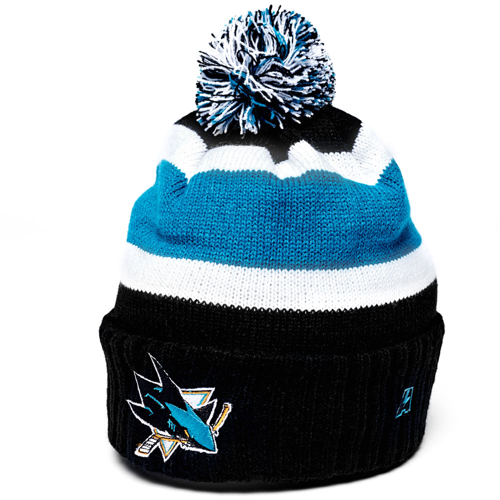 Шапка "NHL San Jose Sharks" с помпоном с вышивкой сине-бело-черная