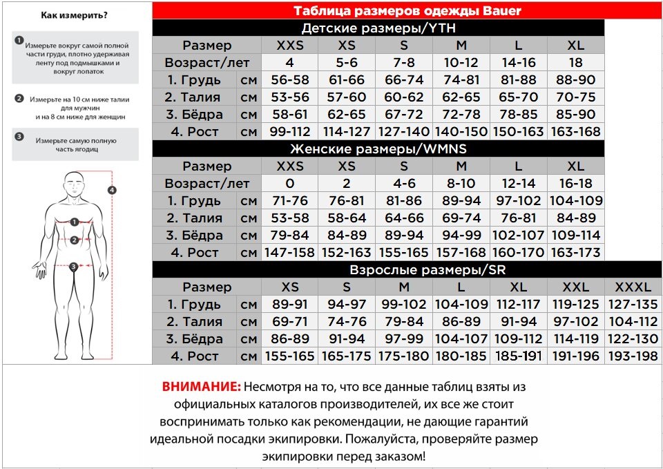 Таблица размеров BAUER одежда