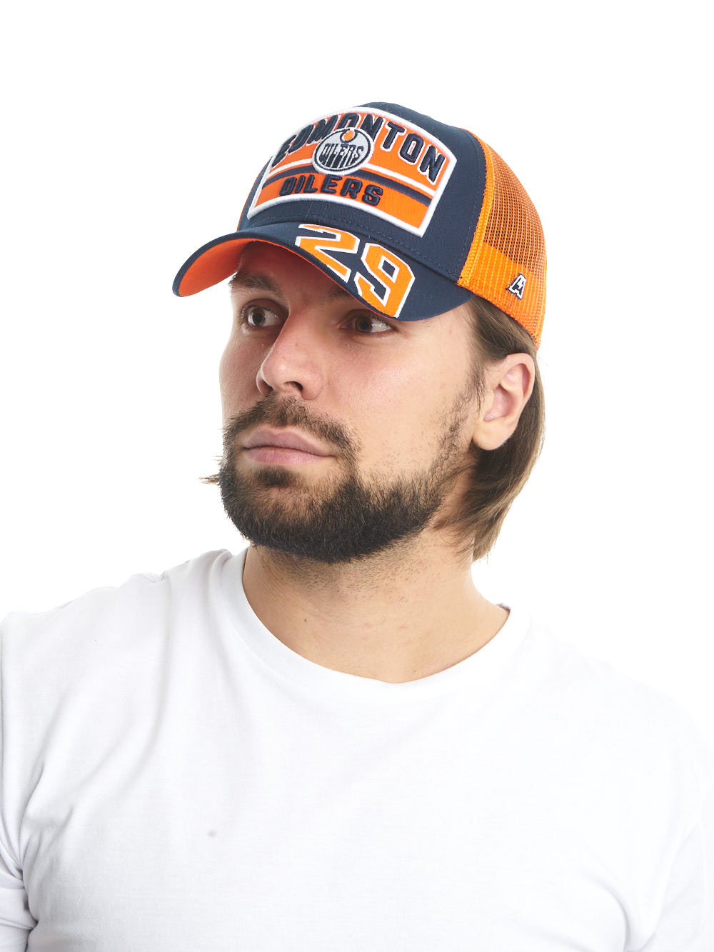 Бейсболка "NHL Edmonton Oilers" №29 сине-оранжевая с сеткой 55-58