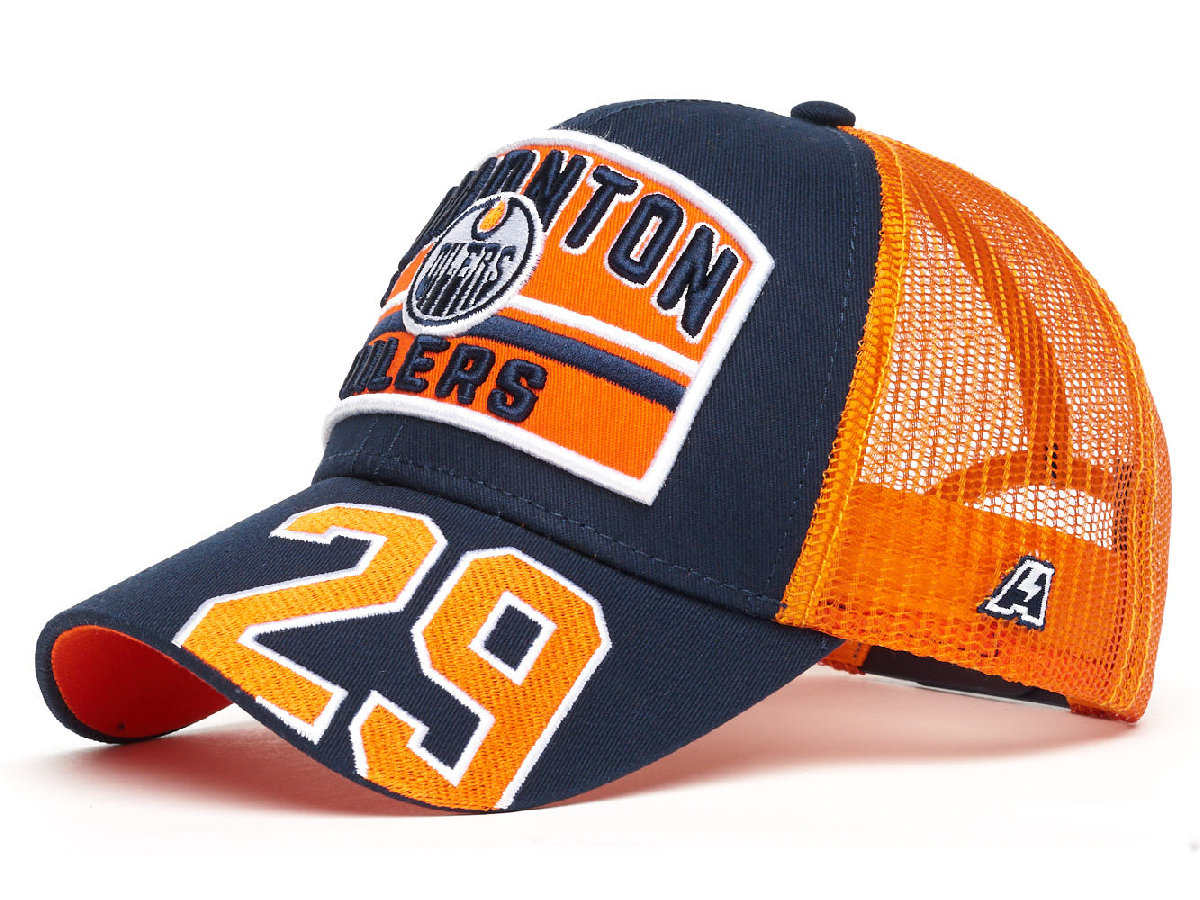Бейсболка "NHL Edmonton Oilers" №29 сине-оранжевая с сеткой 55-58