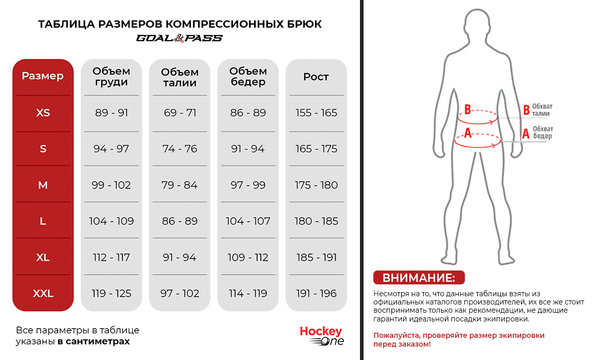 Таблица размеров Брюки компрессионные с раковиной Goal&Pass взрослые