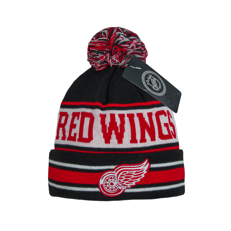 Шапка "NHL Detroit Red Wings" с помпоном с вышивкой черно-красн.