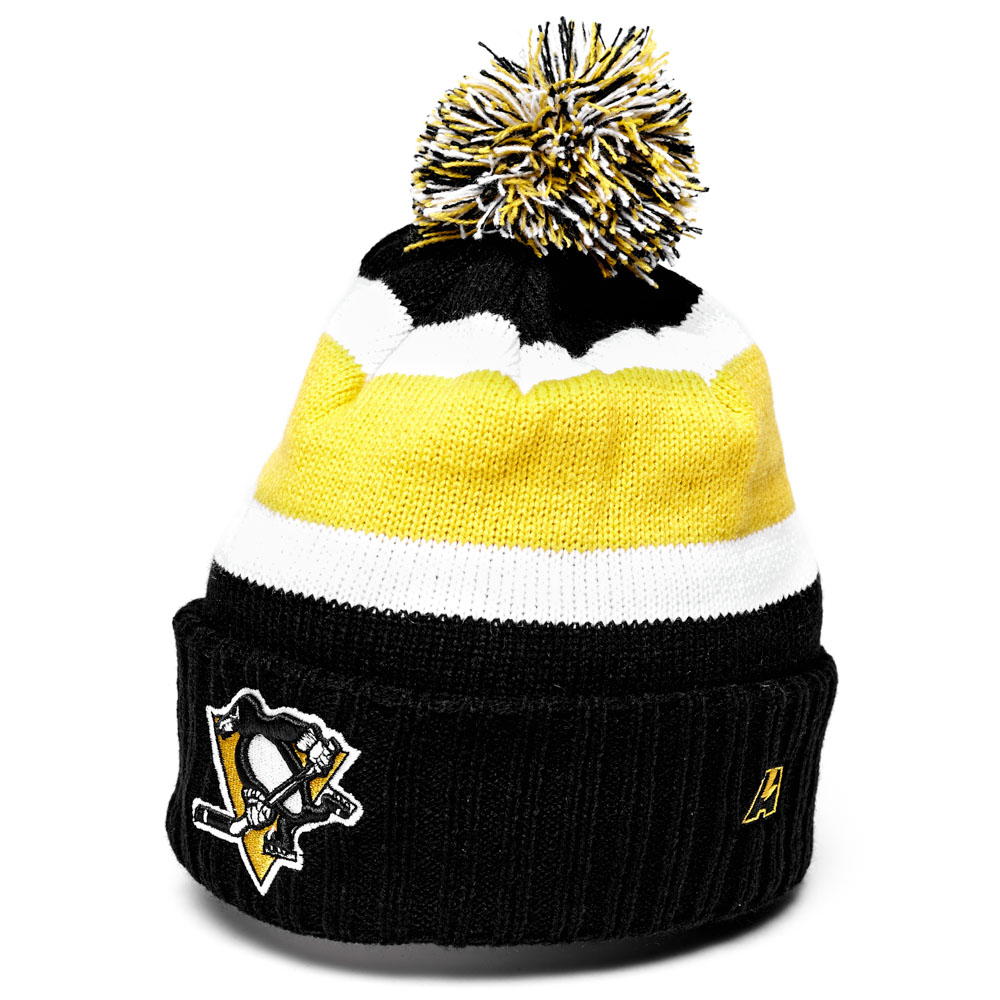 Шапка "NHL Pittsburgh Penguins" с помпоном с вышивкой желт-бел-черн (подростковая)