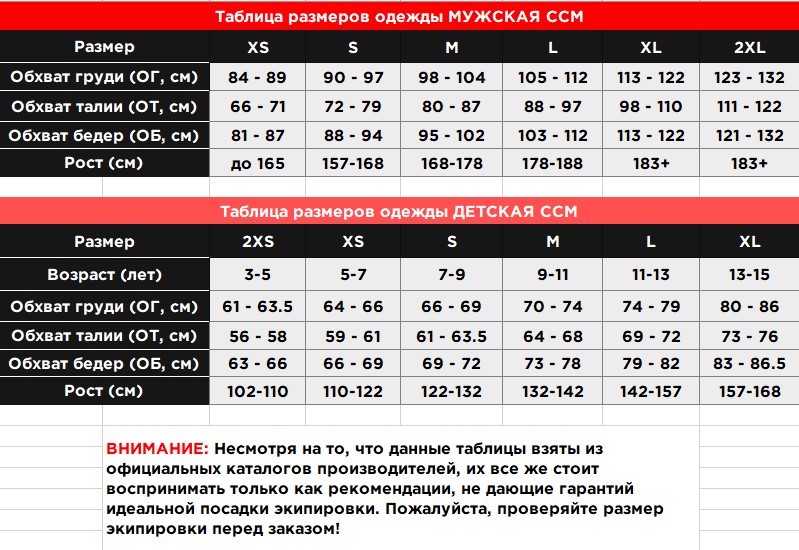 Таблица размеров ОДЕЖДЫ ССМ