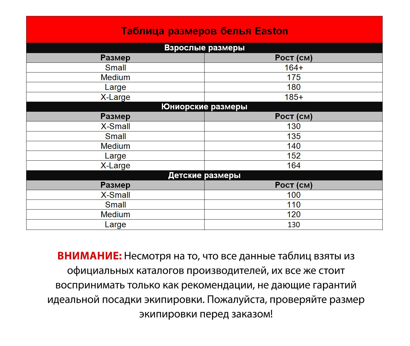 Таблица размеров белья Easton