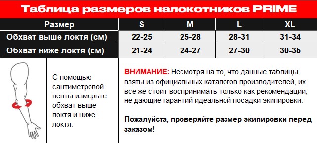 Таблица размеров налокотников