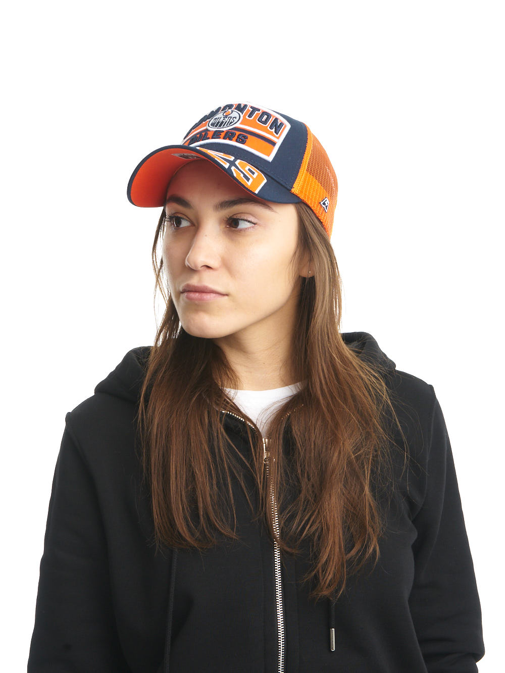 Бейсболка "NHL Edmonton Oilers" №29 сине-оранжевая с сеткой 55-58