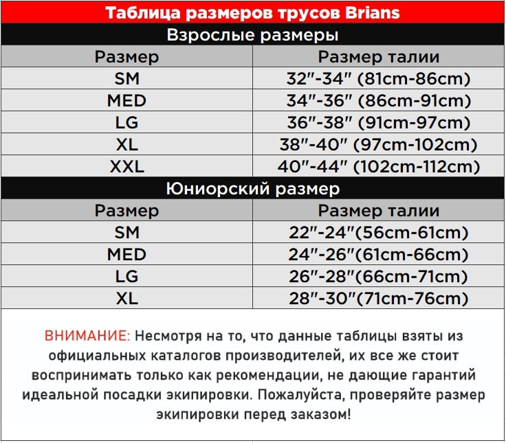Таблица размеров трусов BRIANS