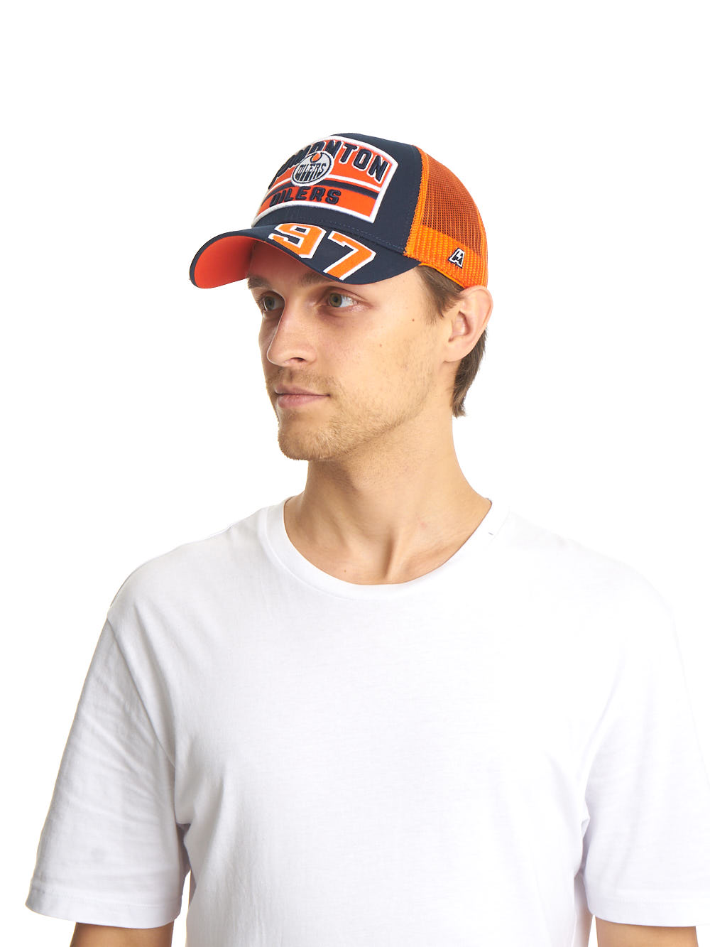 Бейсболка "NHL Edmonton Oilers" №97 сине-оранжевая с сеткой 55-58