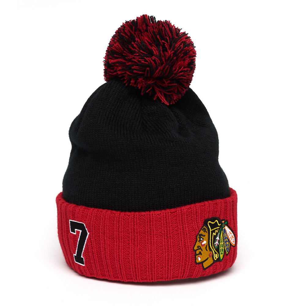 Купить Шапка "NHL Chicago Black Hawks" №7 с помпоном с вышивкой черно-красная в Казахстане — Hockey1.kz