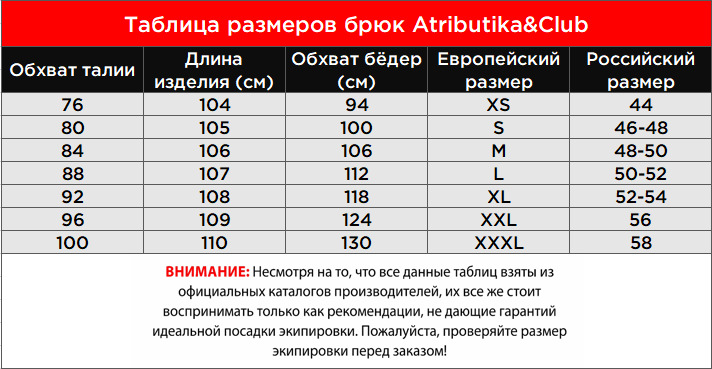 Таблица размеров брюк Atributika&Club