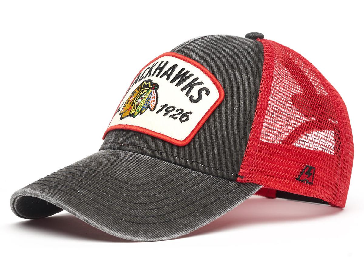 Бейсболка "NHL Chicago Black Hawks Est. 1926" черно-красная с сеткой 55-58