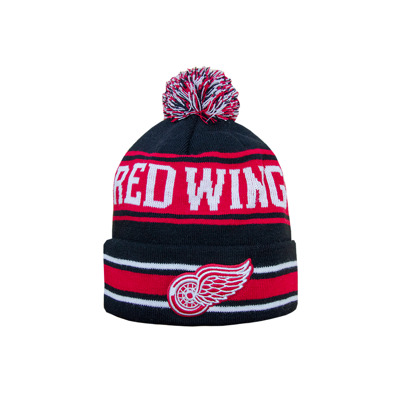 Шапка "NHL Detroit Red Wings" с помпоном с вышивкой черно-красная (подростковая)