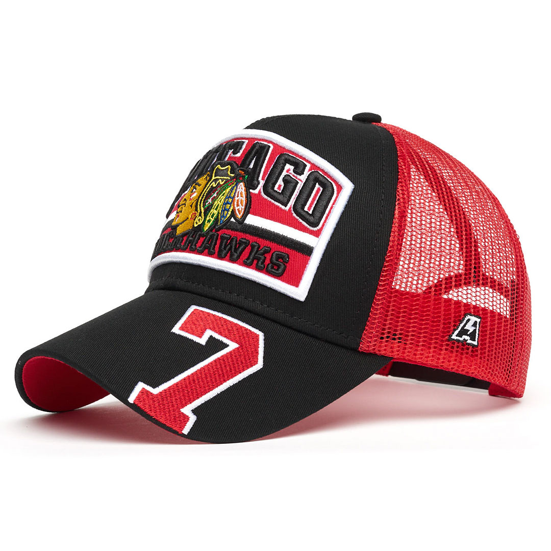 Купить Бейсболка "NHL Chicago Black Hawks" №7 черно-красная с сеткой 55-58 в Казахстане — Hockey1.kz