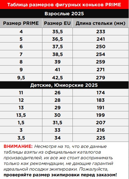 Таблица размеров