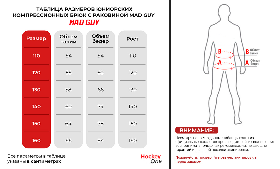 Таблица размеров Брюки компрессионные с раковиной Mad Guy юниорские
