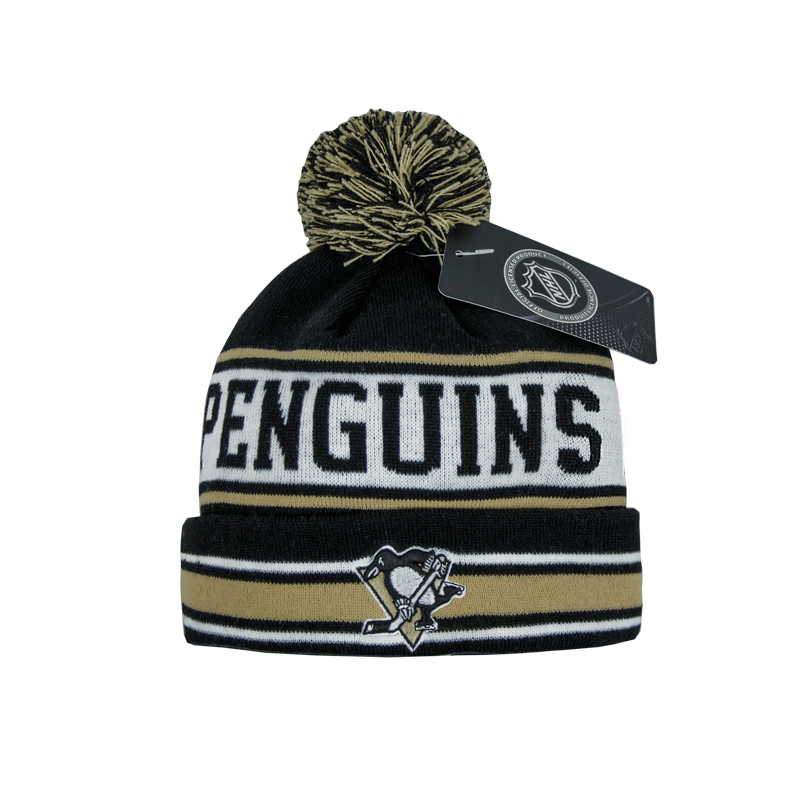 Шапка "NHL Pittsburgh Penguins" с помпоном с вышивкой черно-желтая (подростковая)