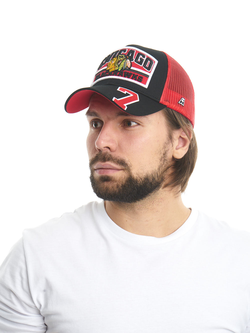Бейсболка "NHL Chicago Black Hawks" №7 черно-красная с сеткой 55-58