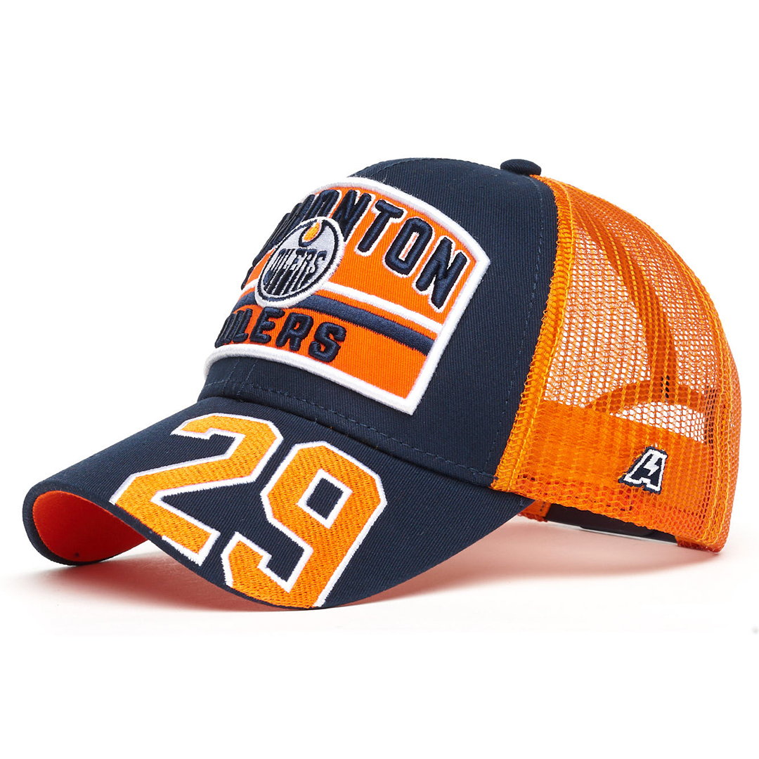 Купить Бейсболка "NHL Edmonton Oilers" №29 сине-оранжевая с сеткой 55-58 в Казахстане — Hockey1.kz